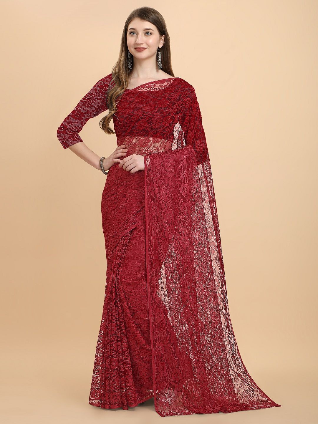 

LEOSAGI Floral Net Saree, Maroon