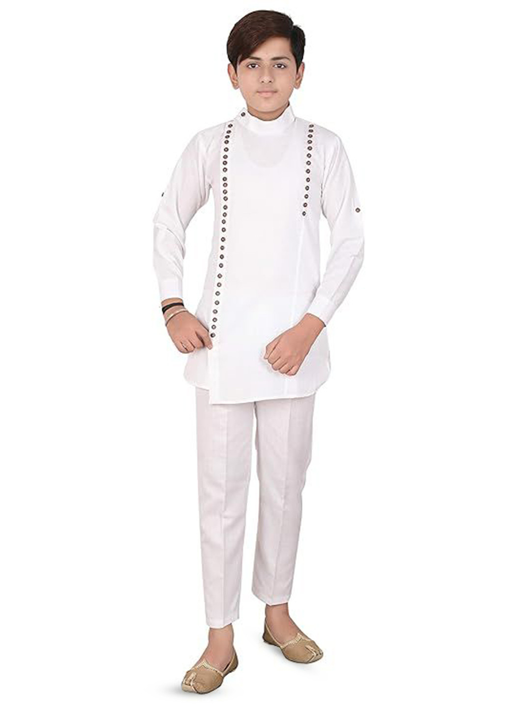 

Eliq Boys Mandarin Collar Pure Cotton Straight Kurta With Trousers, White
