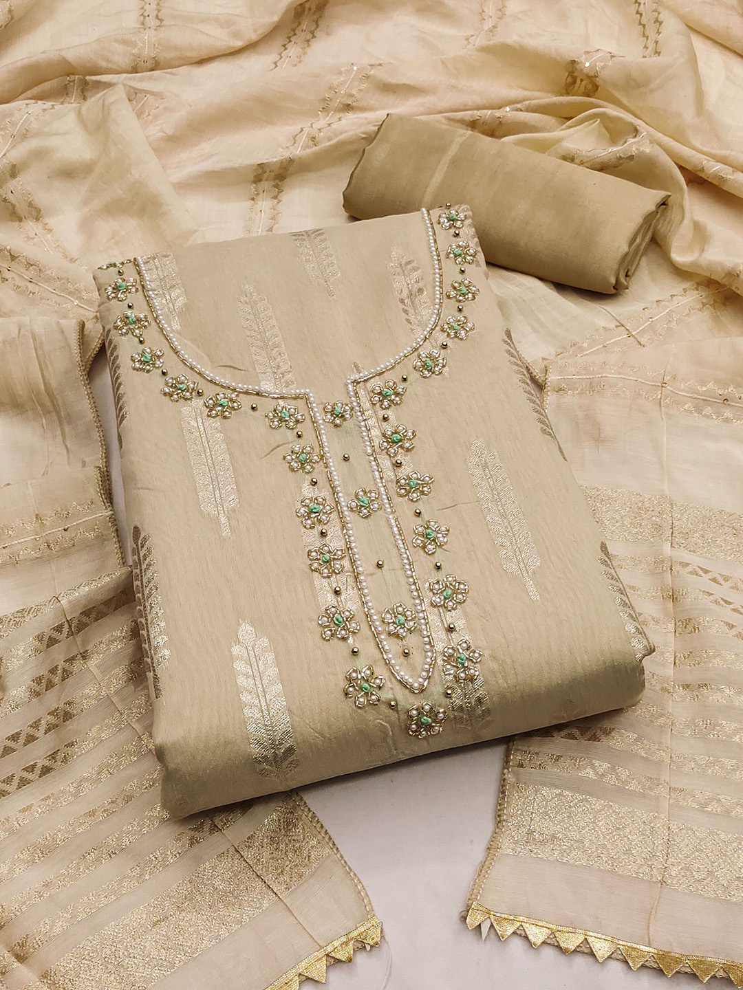 

Maroosh Floral Woven Design Beads Work Unstitched Dress Material, Beige