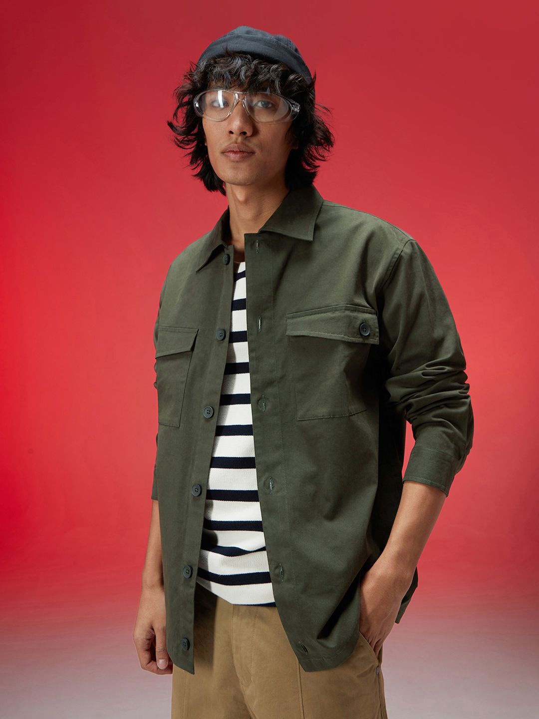 

VEIRDO Men Spread Collar Solid Cotton Casual Tailored Jacket, Olive