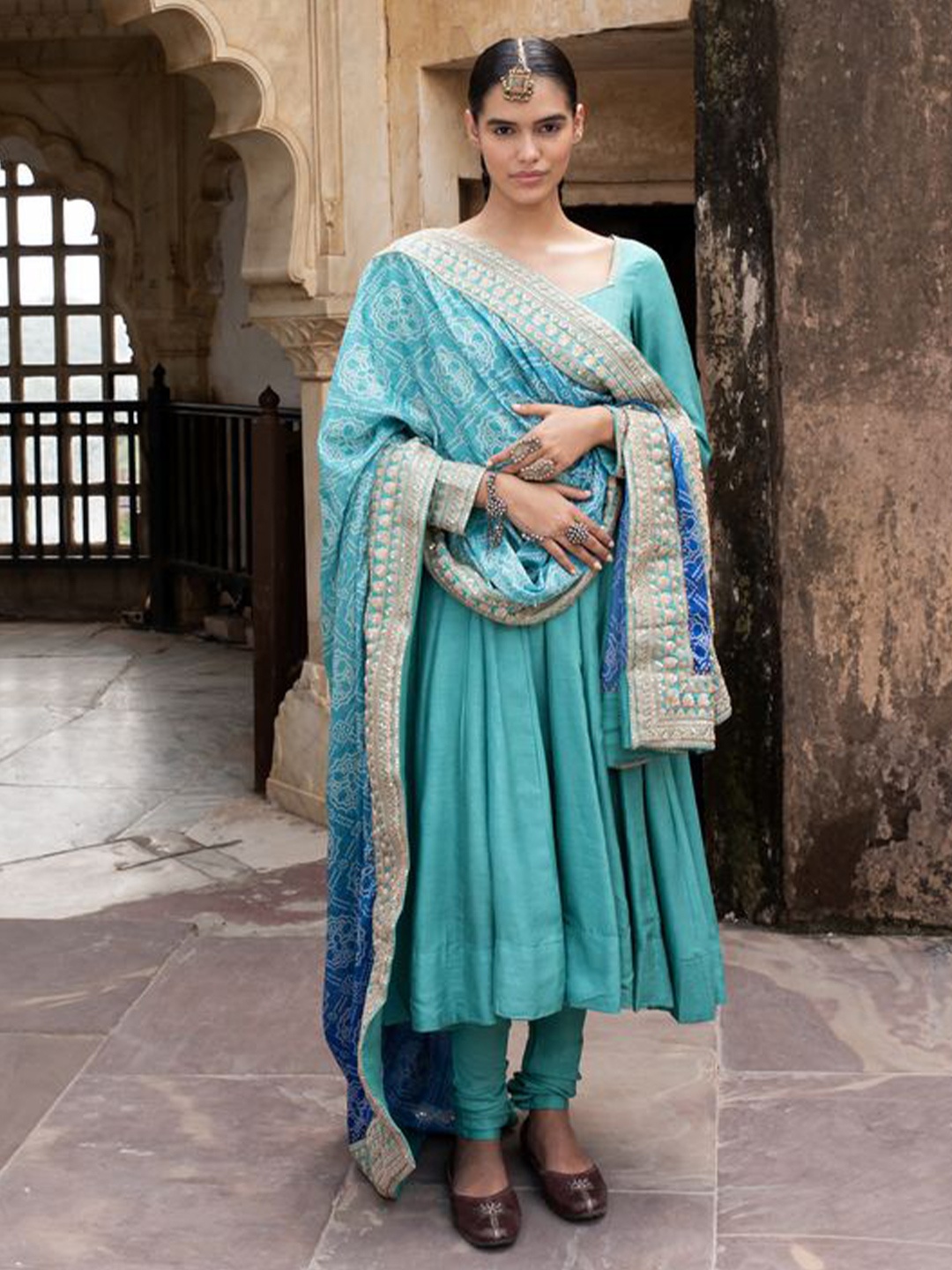 

KARAJ JAIPUR Angrakha Sequinned Chanderi Cotton Kurta with Trousers & Dupatta, Blue