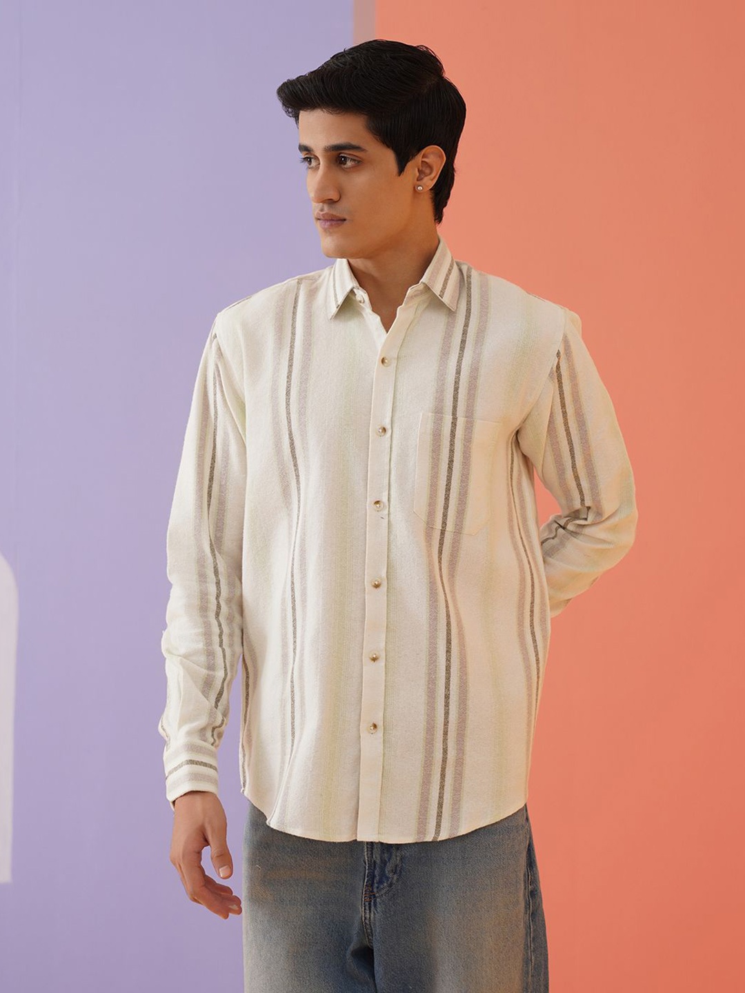 

Indian Needle Men Classic Spread Collar Vertical Striped Linen Casual Shirt, Cream