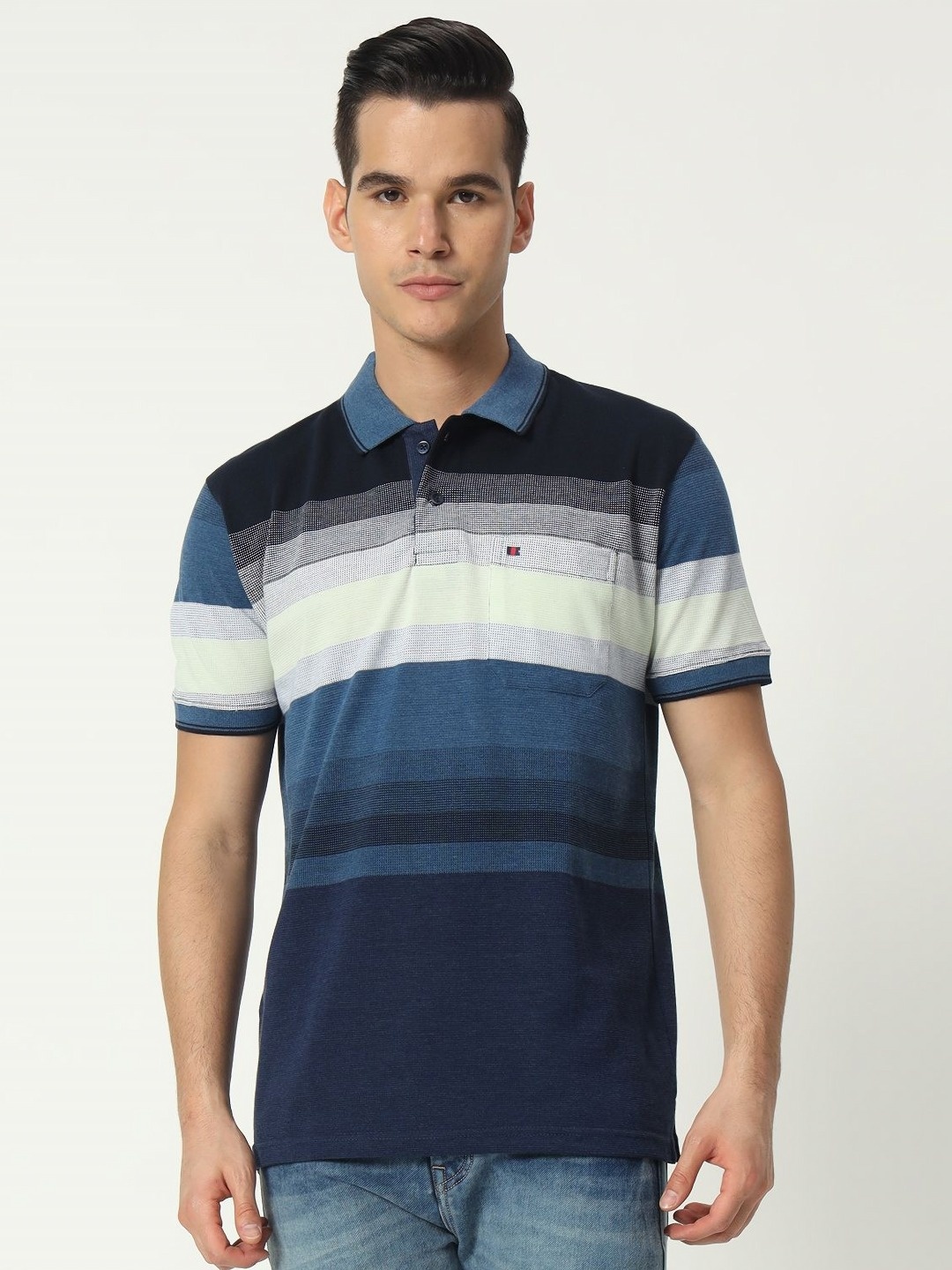 

TAB91 Men Striped Polo Collar Cotton T-shirt, Navy blue