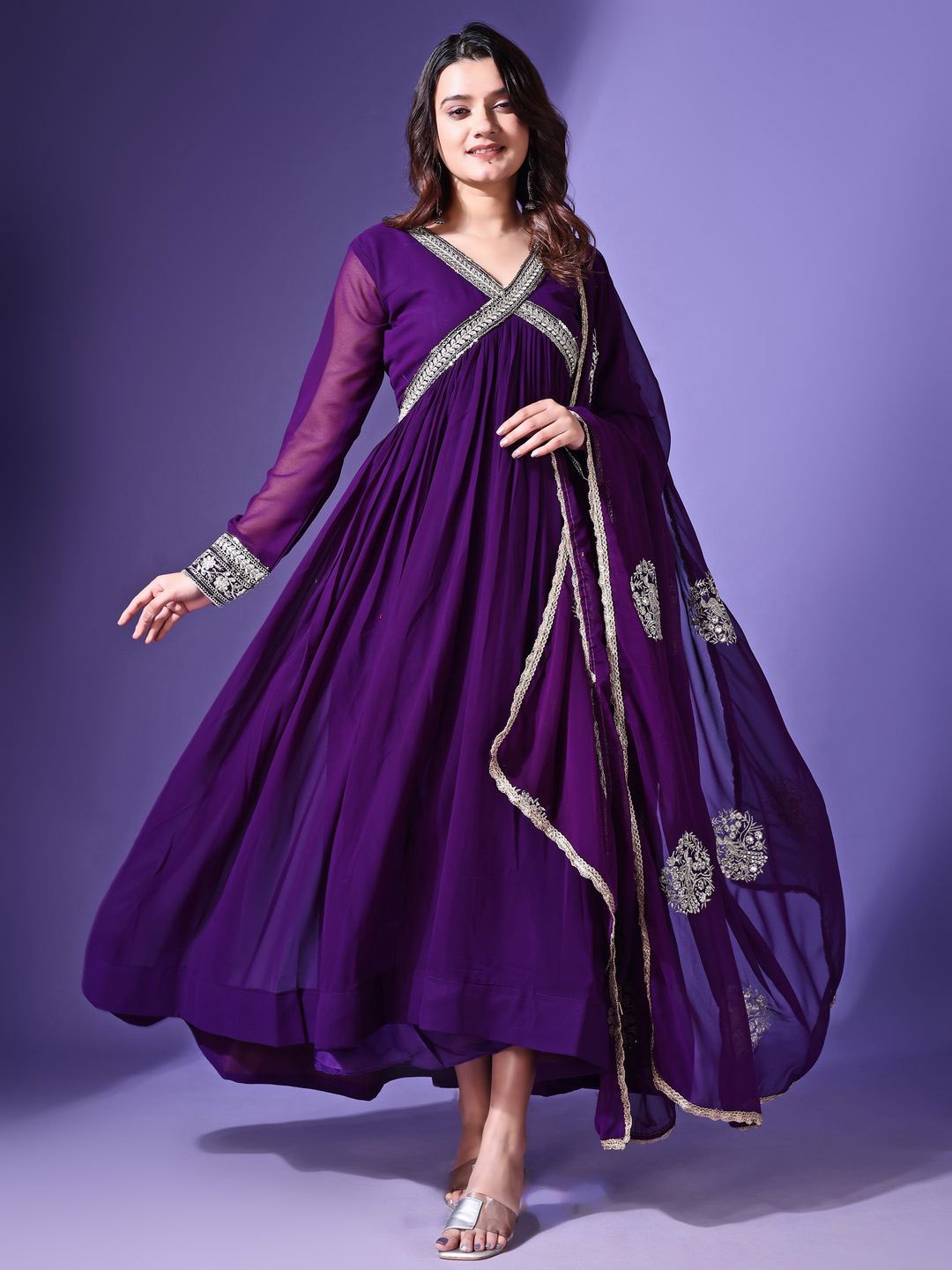 

Ethnic Yard V-Neck Sequinned Angrakha Georgette Anarkali Kurta, Purple