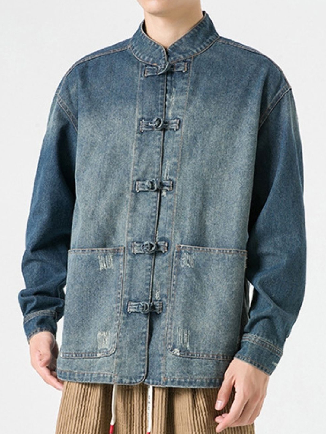 

HERE&NOW Men Mandarin Collar Washed Self Design Casual Denim Jacket, Blue
