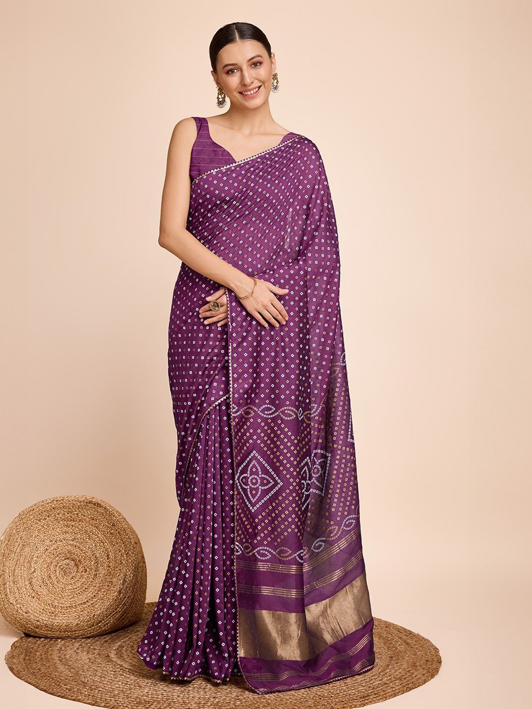 

LEOSAGI Bandhani Zari Pure Silk Bandhani Saree, Purple