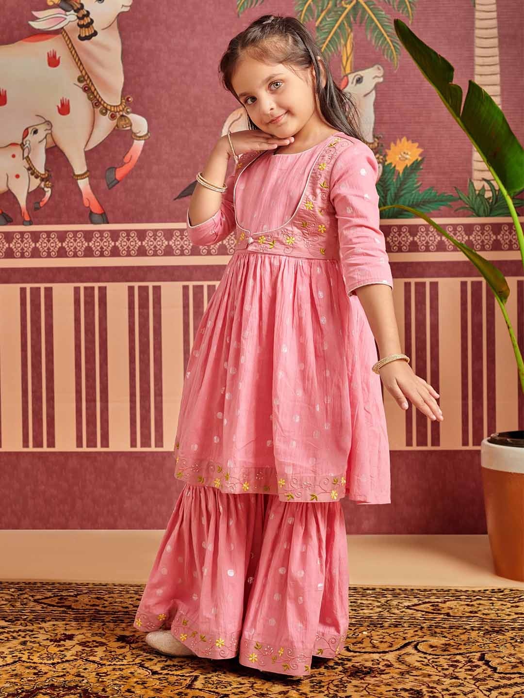 

MASTARANG Girls Mock Jacket Frock Style Kurta With Sharara & Net Duppatta, Mauve