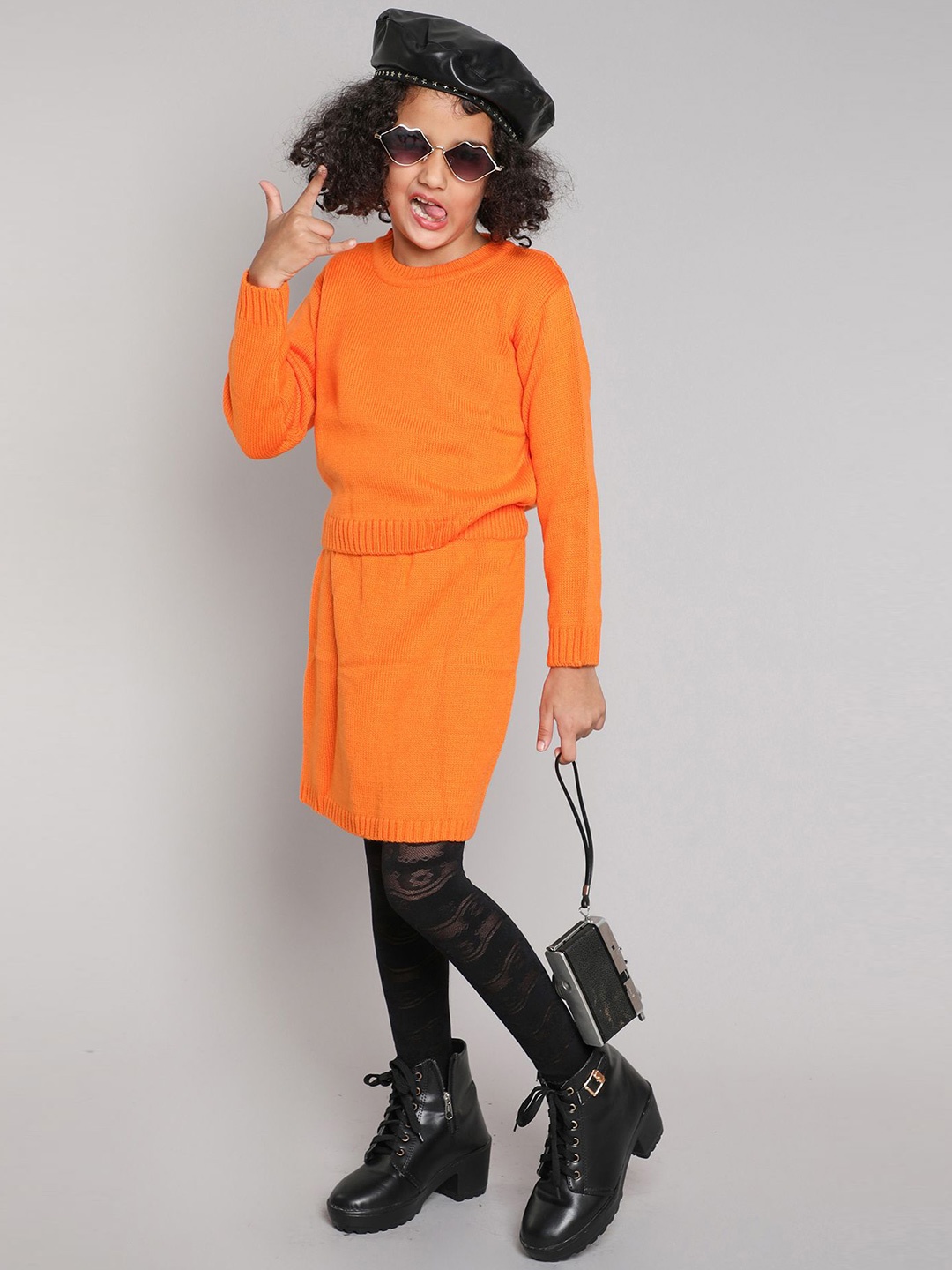 

taffykids Girls Round Neck Long Sleeves Sweatshirt With Skirt, Orange