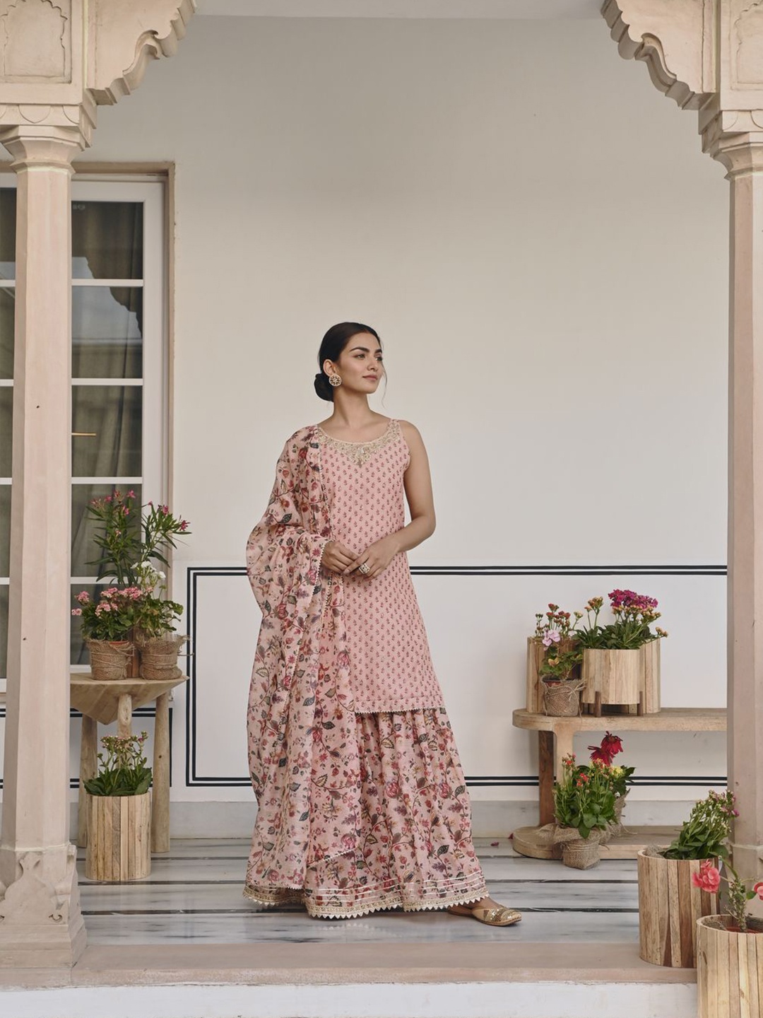 

KARAJ JAIPUR Floral Printed Beads and Stones Chanderi Cotton Kurta with Sharara & Dupatta, Pink