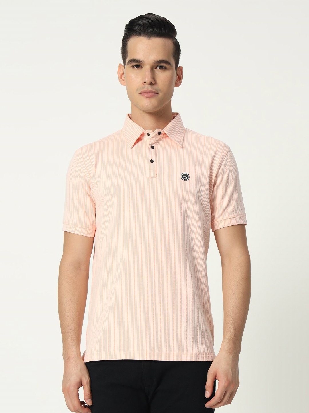 

TAB91 Men Striped Polo Collar Cotton T-shirt, Peach
