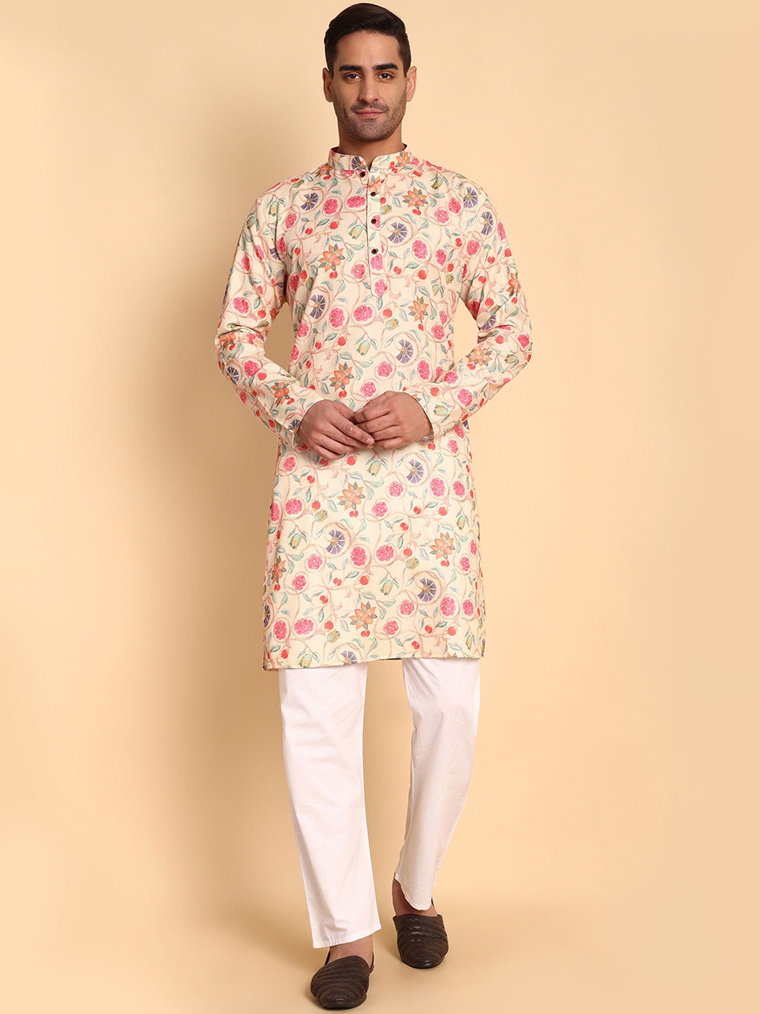

Vardha Floral Printed Mandarin Collar Cotton Straight Kurta, Sea green