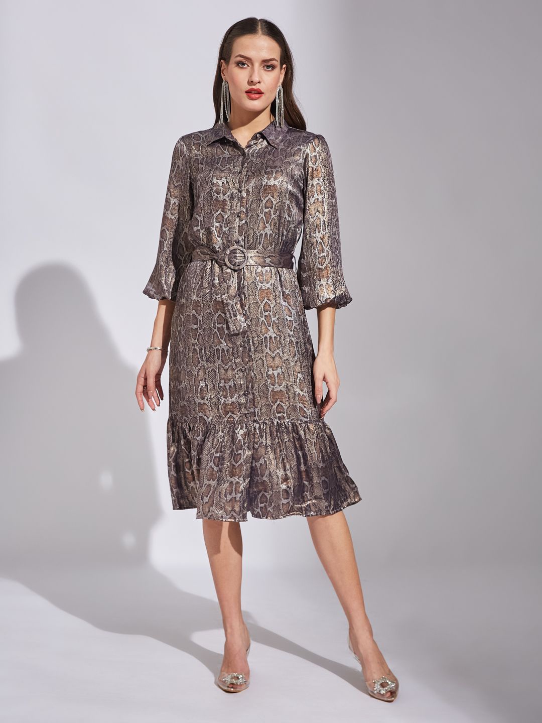 

Latin Quarters Animal Printed Bishop Sleeves Shirt Midi Dress Comes with a belt, Grey