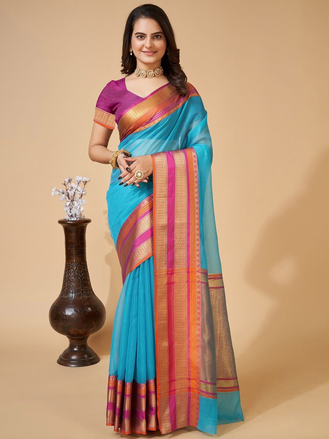 

SHOBHA SAREES Zari Silk Cotton Kota Saree, Blue