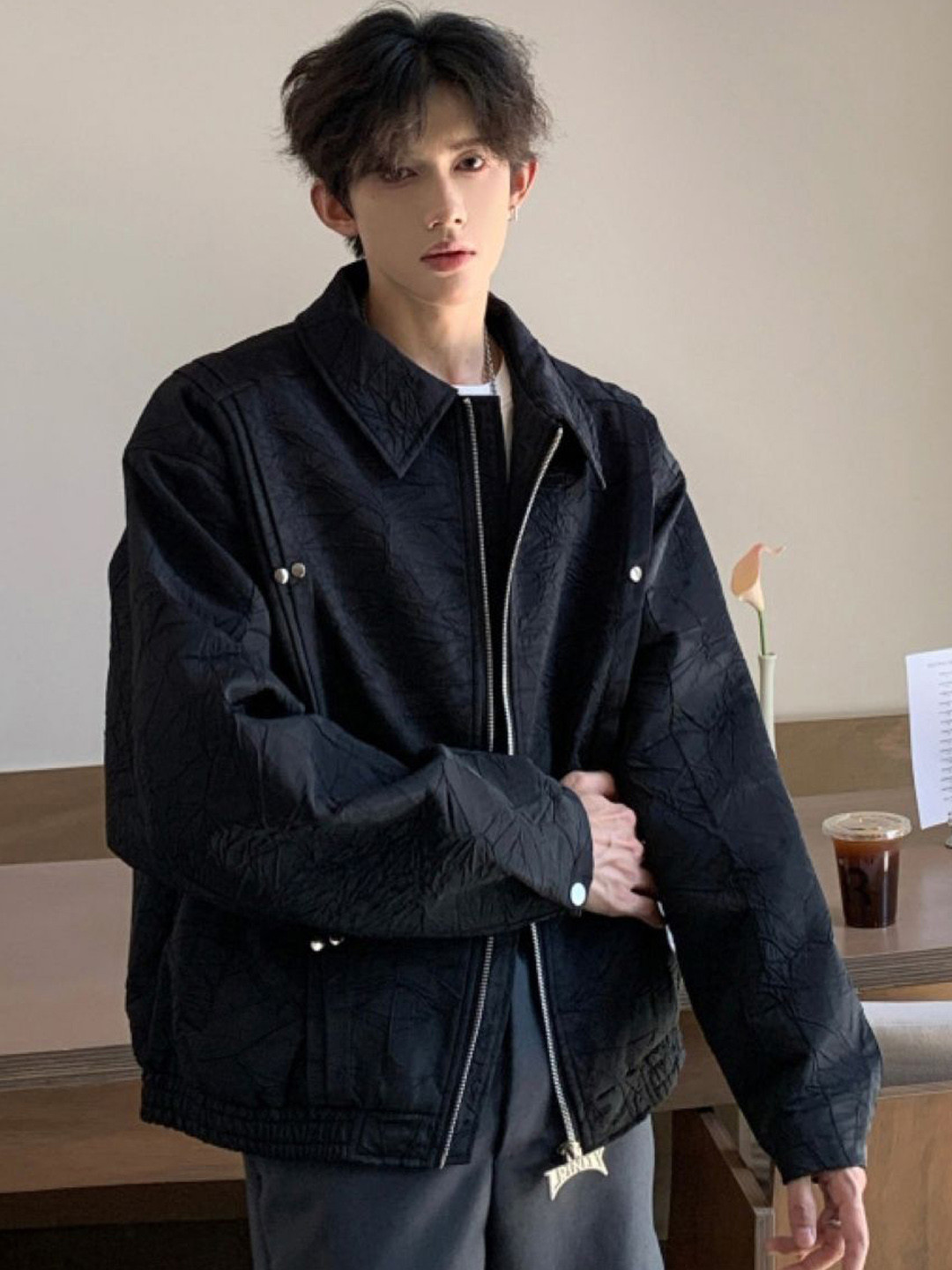 

HERE&NOW Men Spread Collar Self Design Casual Bomber Jacket, Black