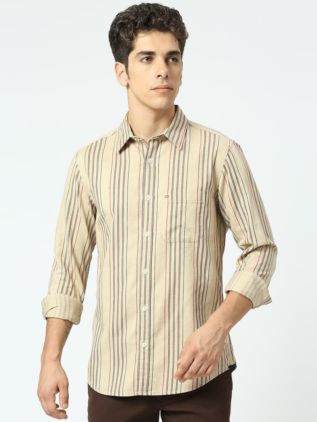 

Basics Men Slim Fit Striped Pure Cotton Casual Shirt, Beige