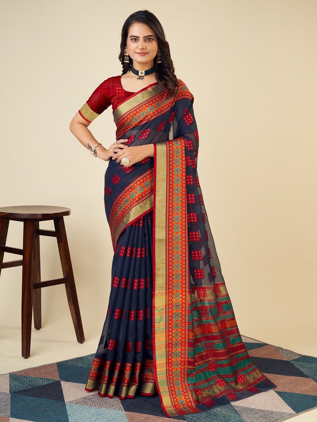 

SHOBHA SAREES Woven Design Zari Silk Cotton Kota Saree, Navy blue