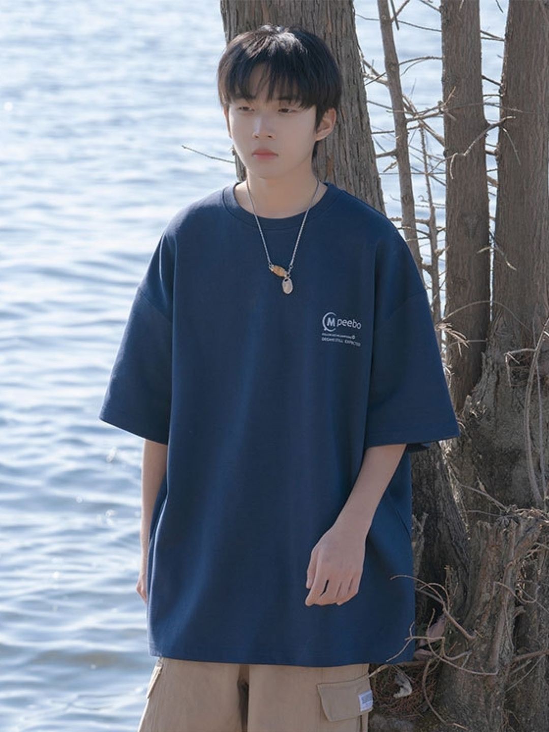 

HERE&NOW Men Typography Printed Round Neck Cotton Oversized T-shirt, Navy blue
