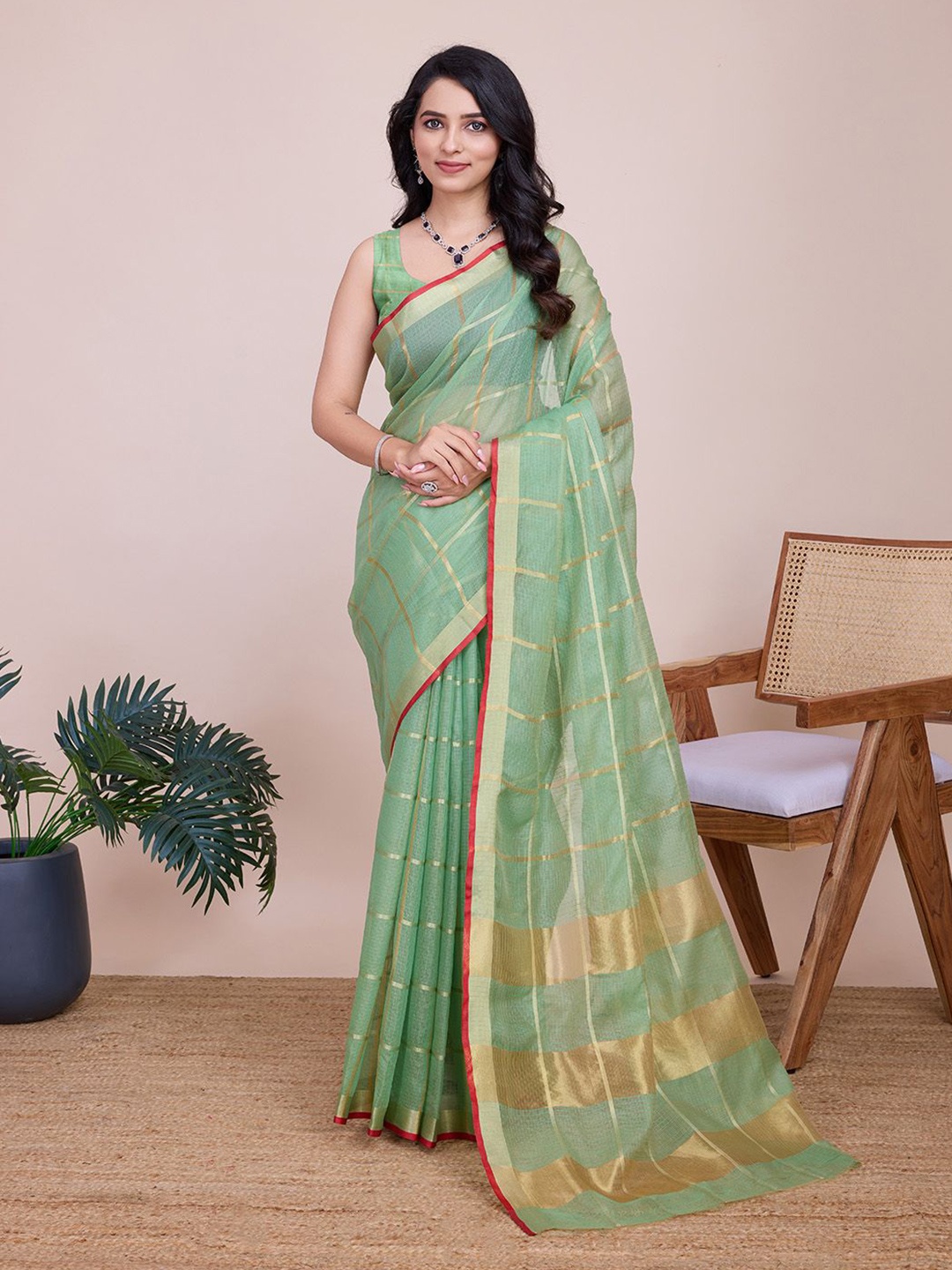 

SHOBHA SAREES Checked Zari Silk Cotton Kota Saree, Green