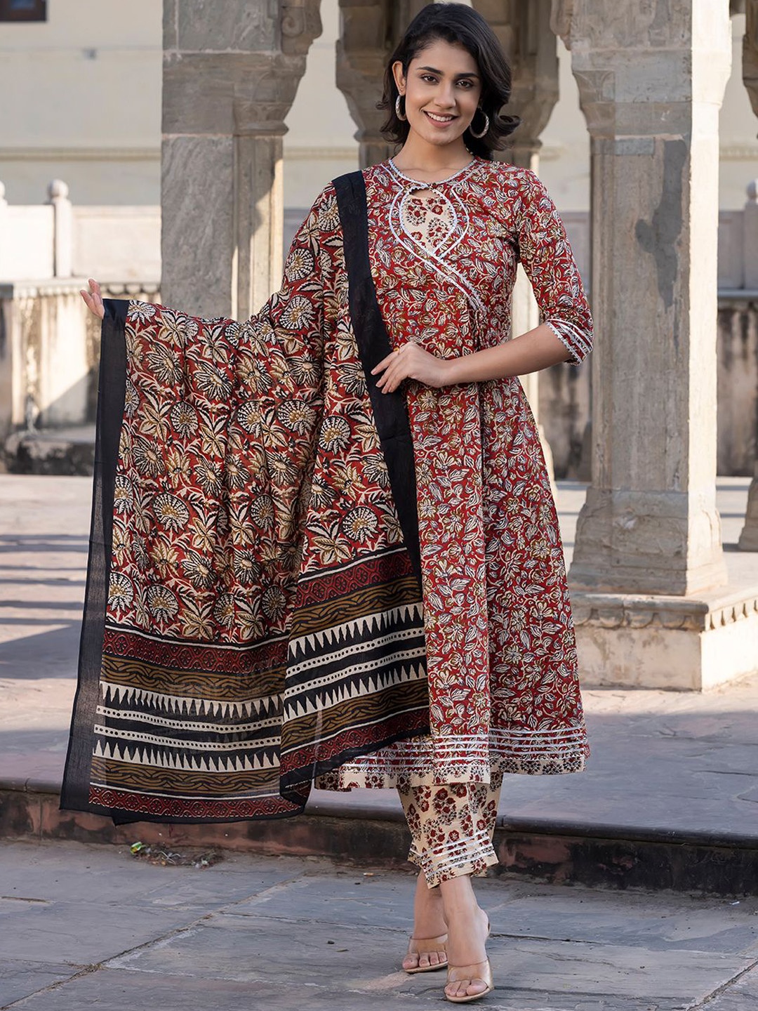 

KALINI Floral Printed Gotta Patti Anarkali Cotton Kurta With Trousers & Dupatta, Maroon