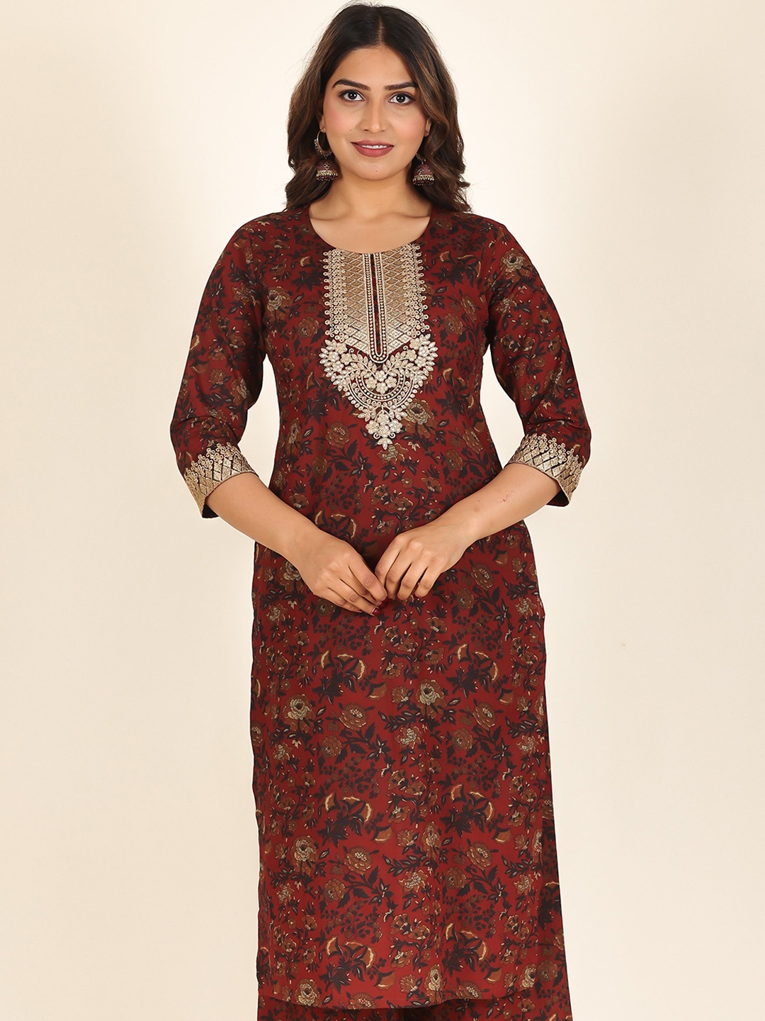 

Aramya Floral Printed Sequinned Soft Cotton Kurta, Maroon