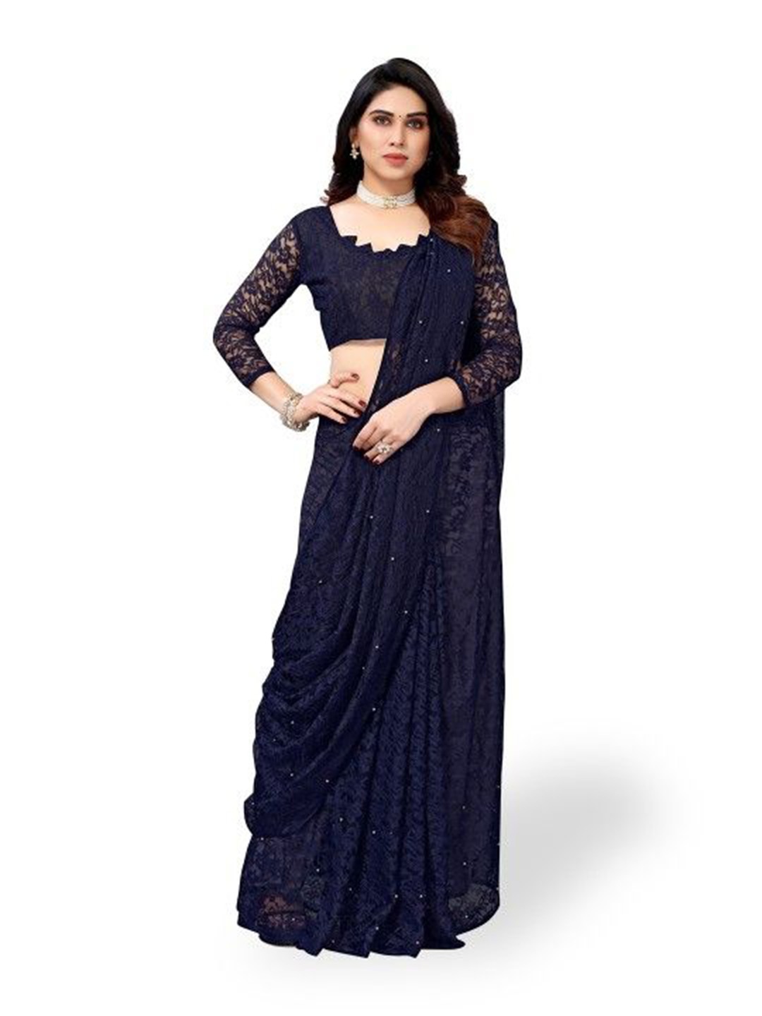 

VRAGI Floral Beads and Stones Net Maheshwari Saree, Navy blue