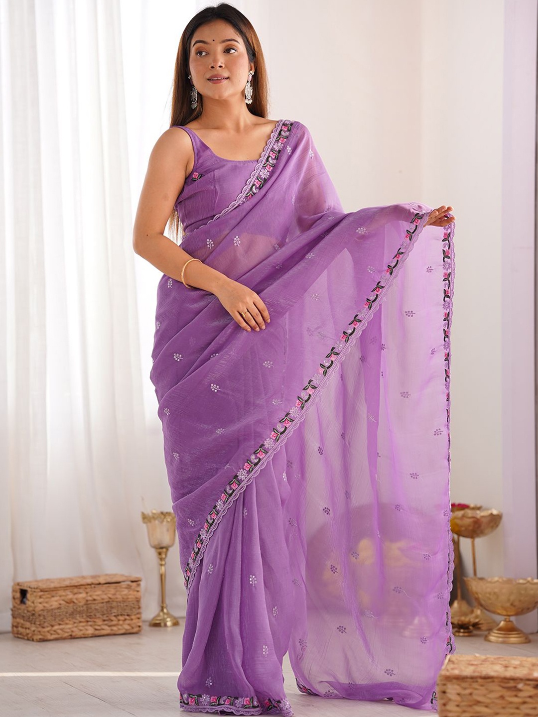 

Mitera Floral Sequinned Silk Blend Designer Saree, Purple