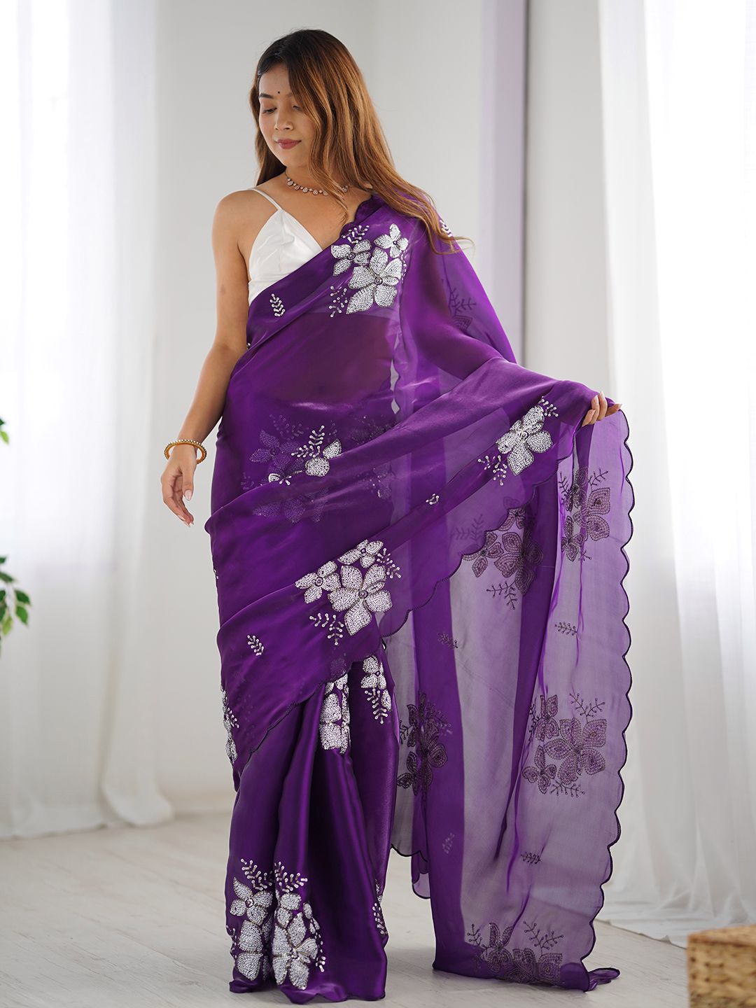 

Mitera Floral Sequinned Silk Blend Designer Saree, Purple