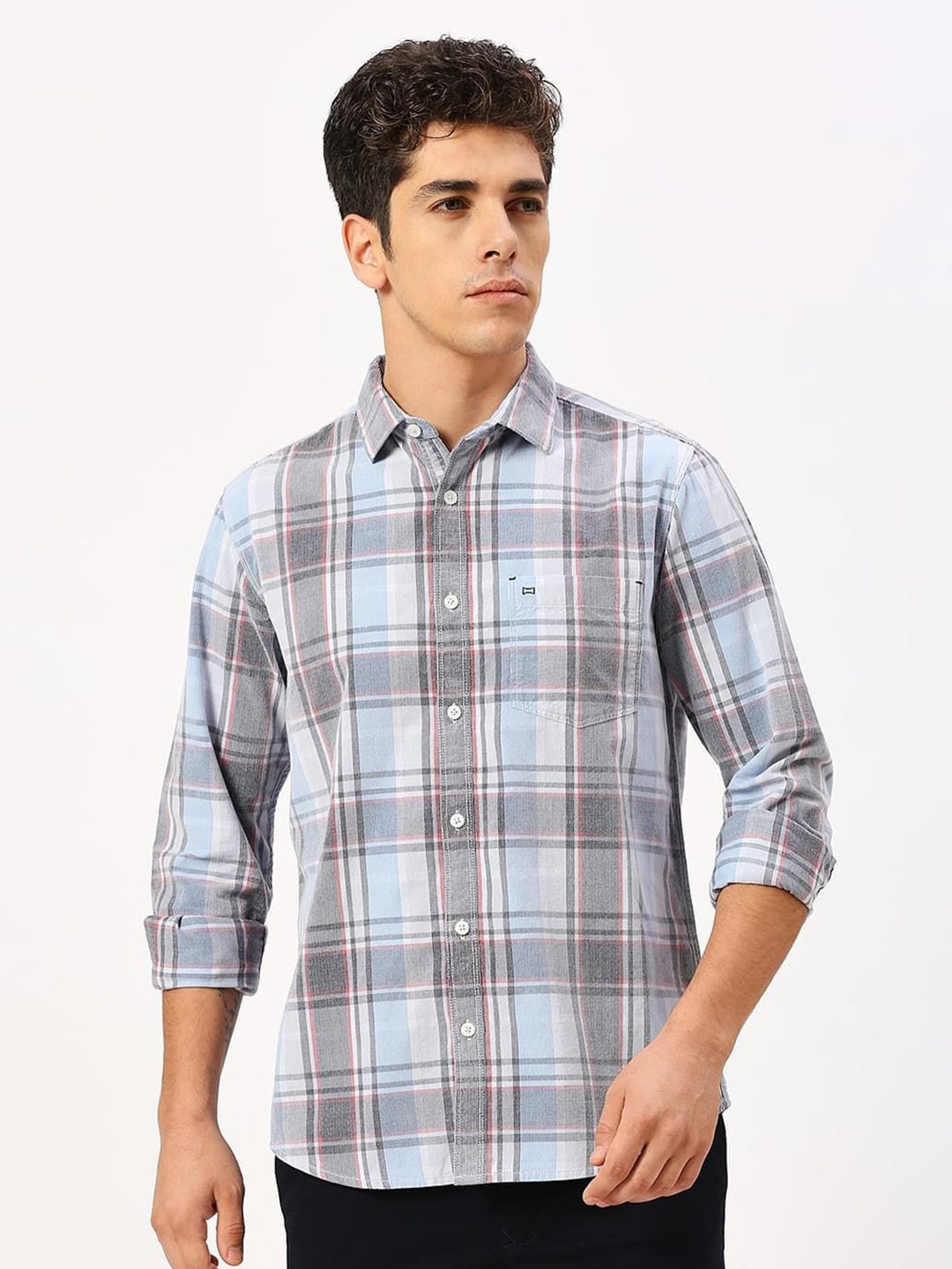 

Basics Men Opaque Checked Cotton Casual Shirt, Blue
