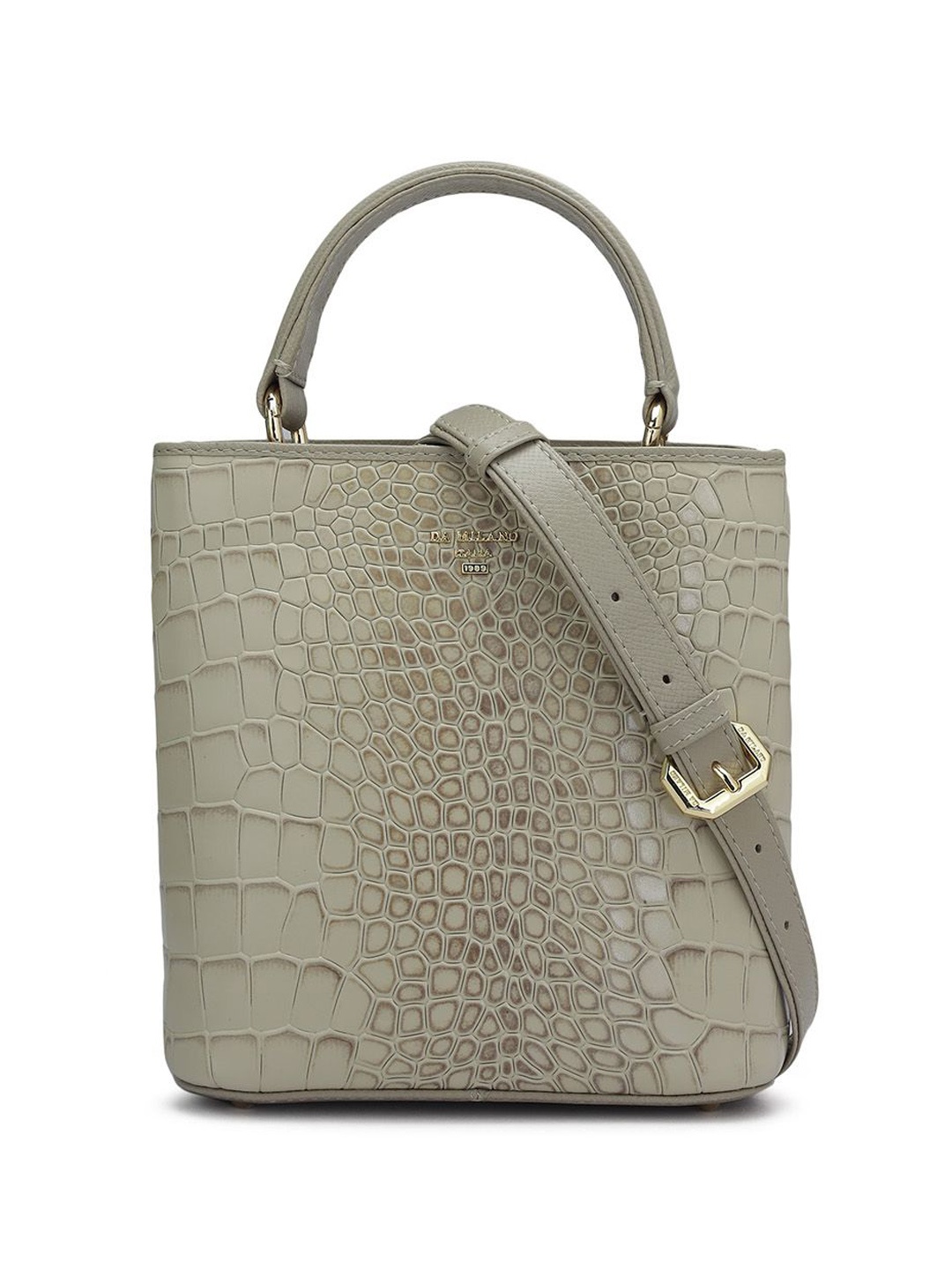 

Da Milano Textured Leather Structured Handheld Bag with Cut Work, Beige