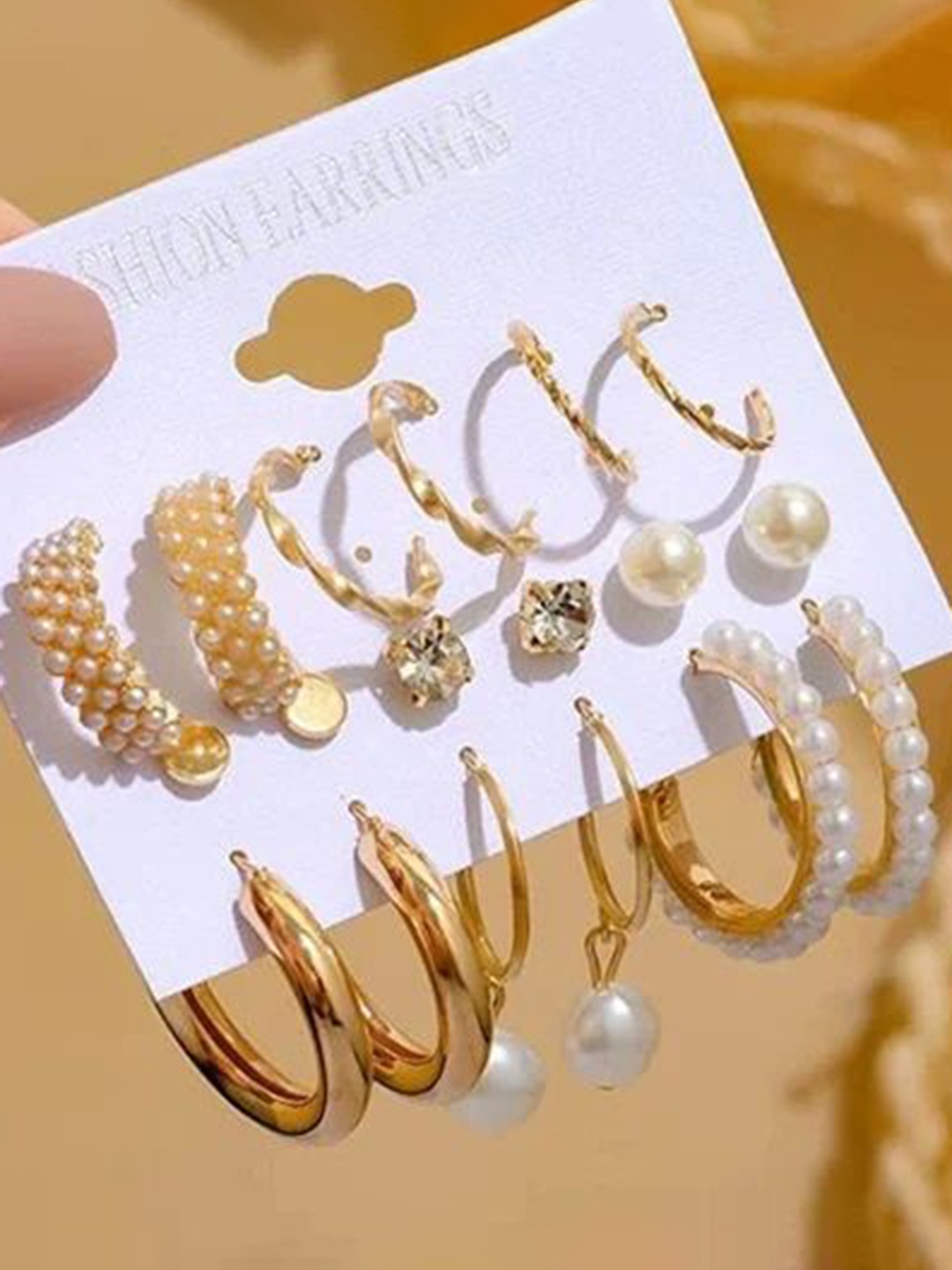 

PolluxCraft Set of 9 Gold Plated Pearls & Crystal Studs & Hoop Earrings