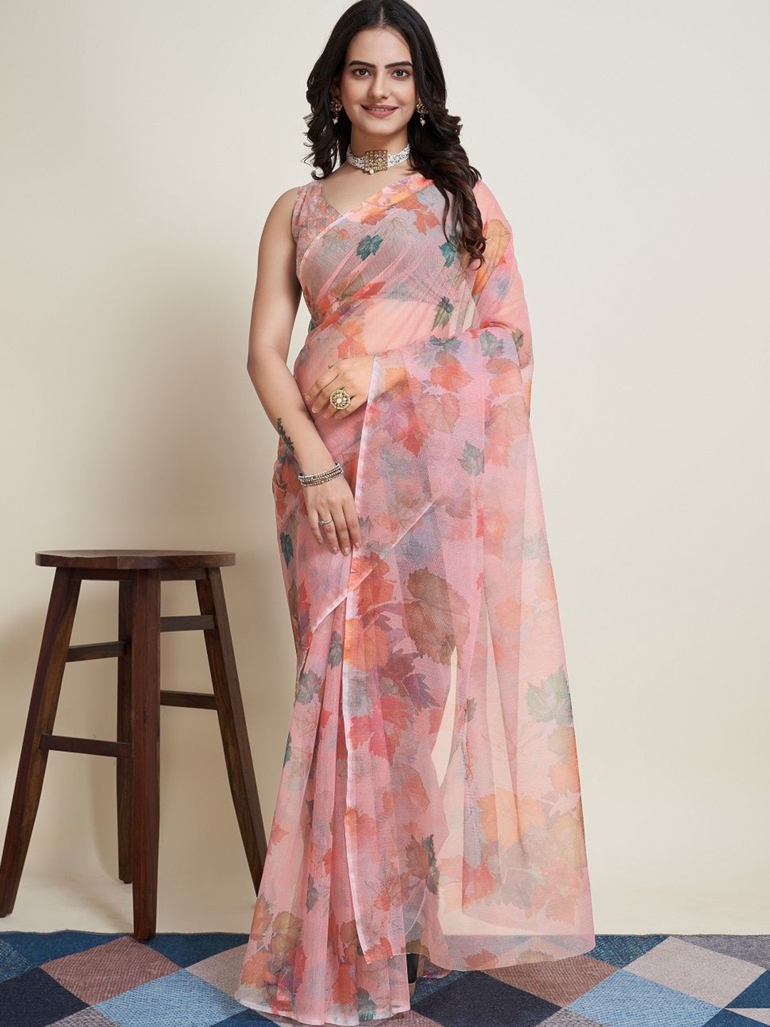 

LEOSAGI Floral Supernet Saree, Peach