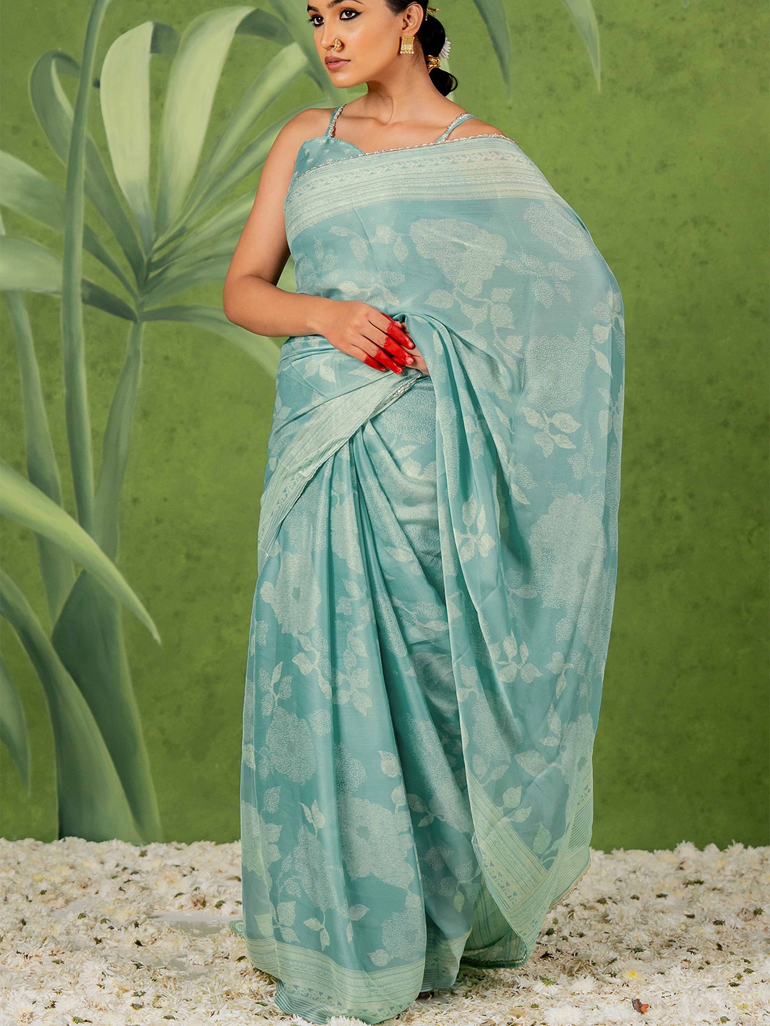 

KALINI Floral Poly Chiffon Saree, Teal