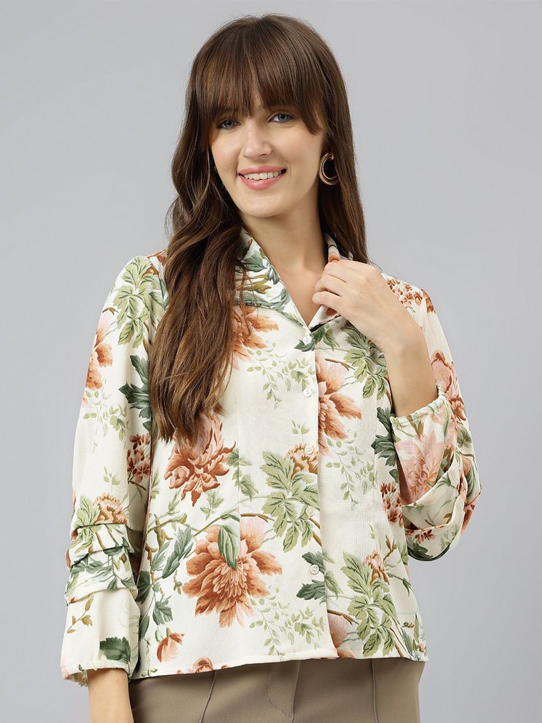 

Latin Quarters Women Relaxed Cutaway Collar Floral Printed Casual Shirt, Brown