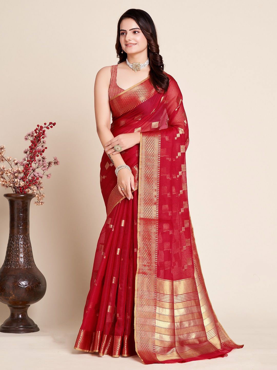

SHOBHA SAREES Woven Design Zari Silk Cotton Kota Saree, Red