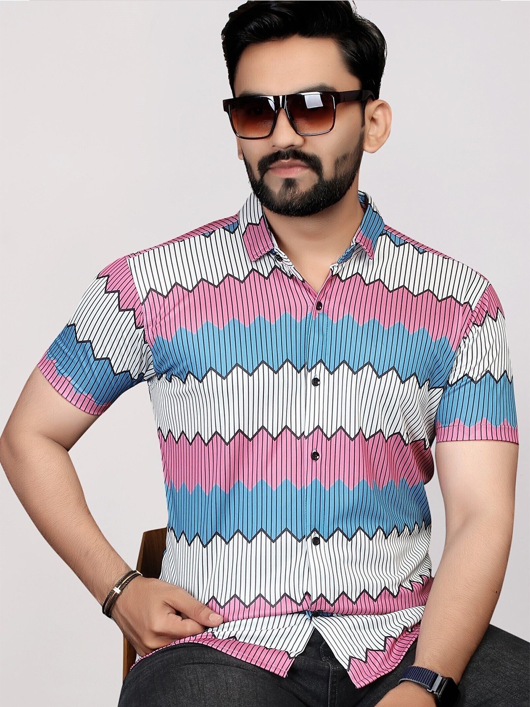

STI Men Comfort Spread Collar Multi Striped Casual Shirt, Rose