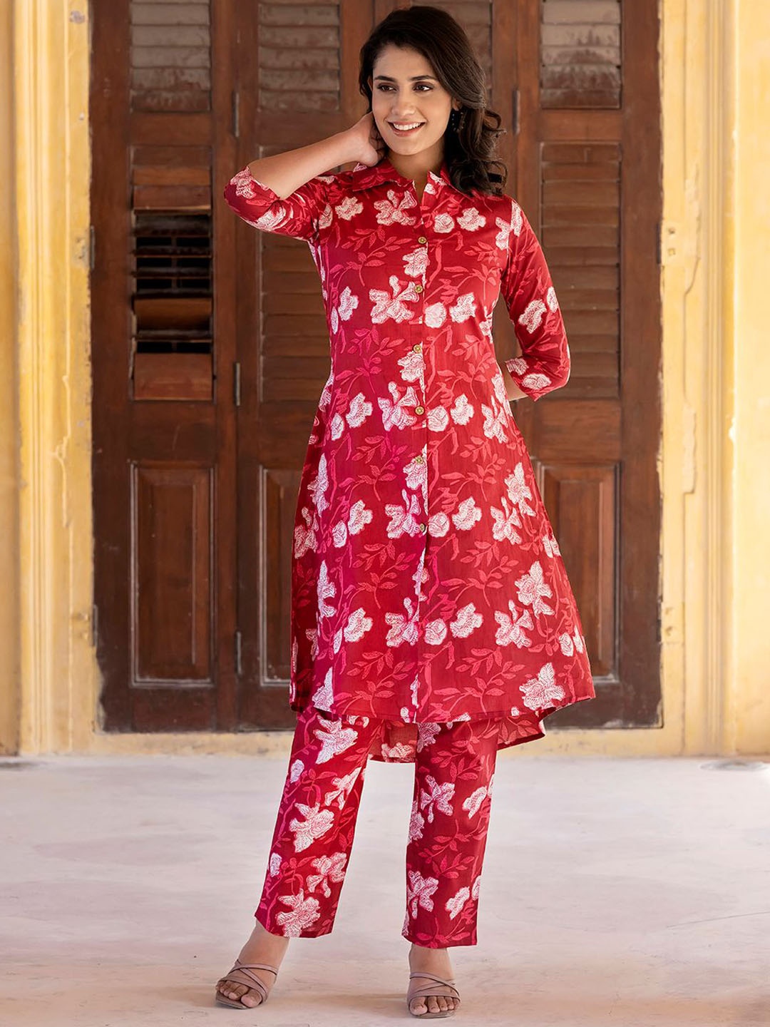 

KALINI Floral Printed Pure Cotton Shirt Collar Tunic With Trousers, Pink