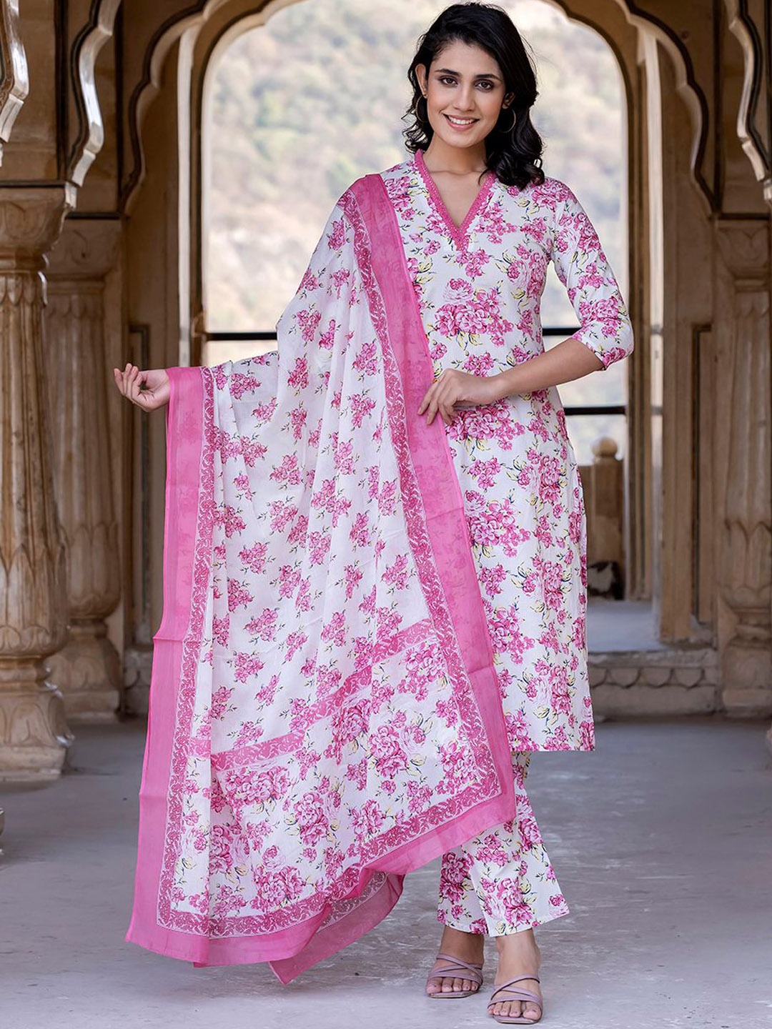 

BAESD Ethnic Motifs Printed V-Neck Pure Cotton Straight Kurta With Trousers & Dupatta, Pink