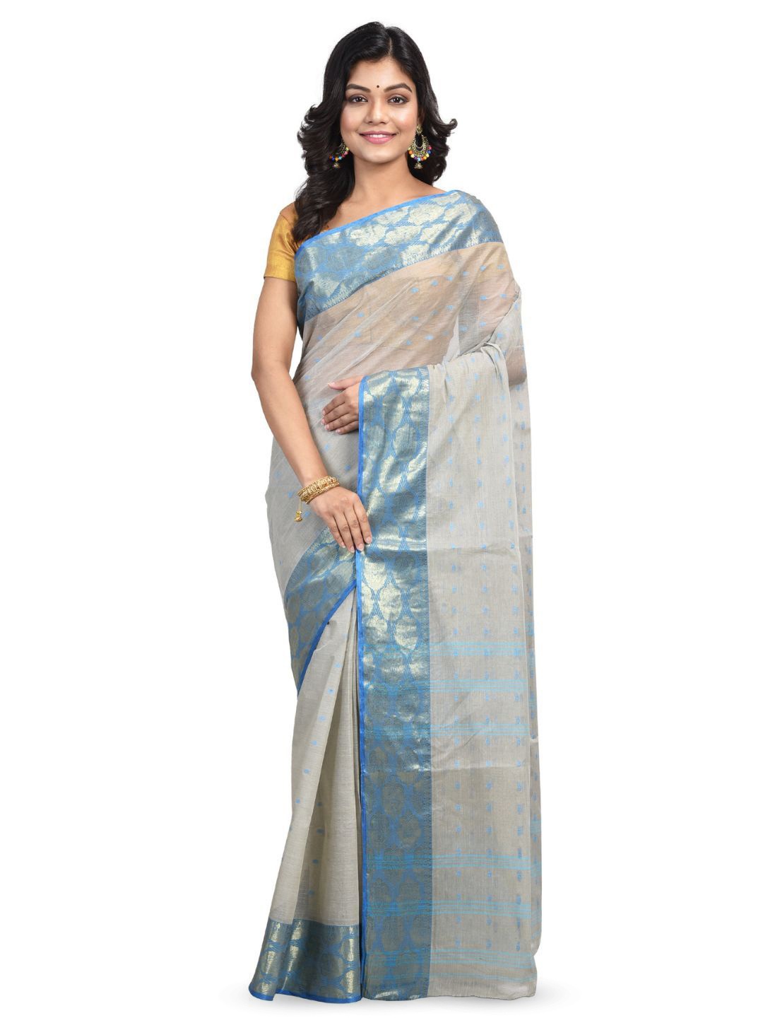 

RAJ SAREE HOUSE Ethnic Motifs Zari Pure Cotton Taant Saree, Grey