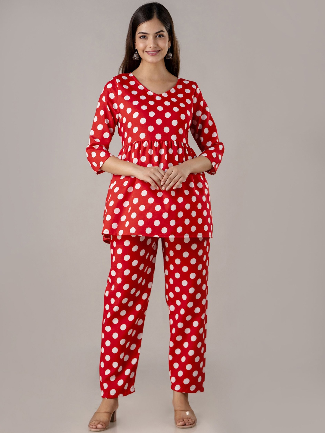 

TRENDSWILL Polka Dots Printed Peplum Casual Top With Trousers, Red