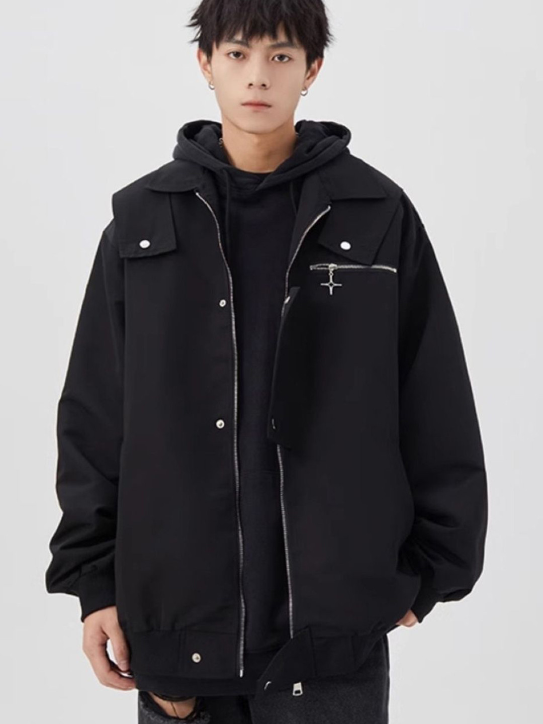 

HERE&NOW Men Hooded Solid Casual Bomber Jacket, Black