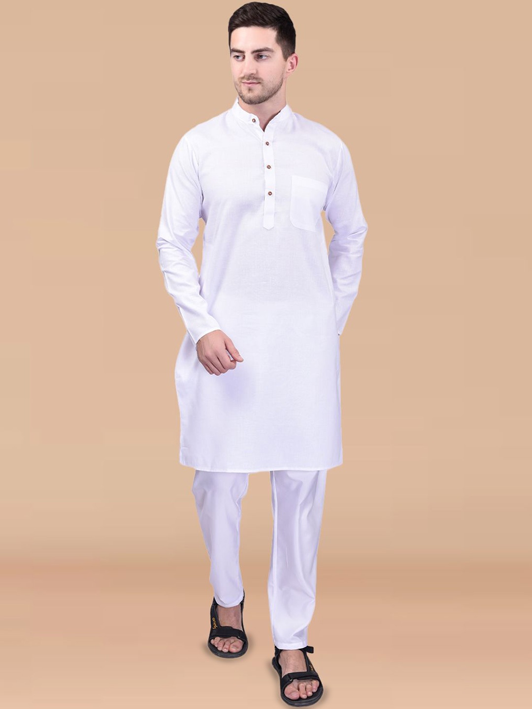 

PRINTINDIA Band Collar Pure Cotton Straight Kurta with Trousers, White