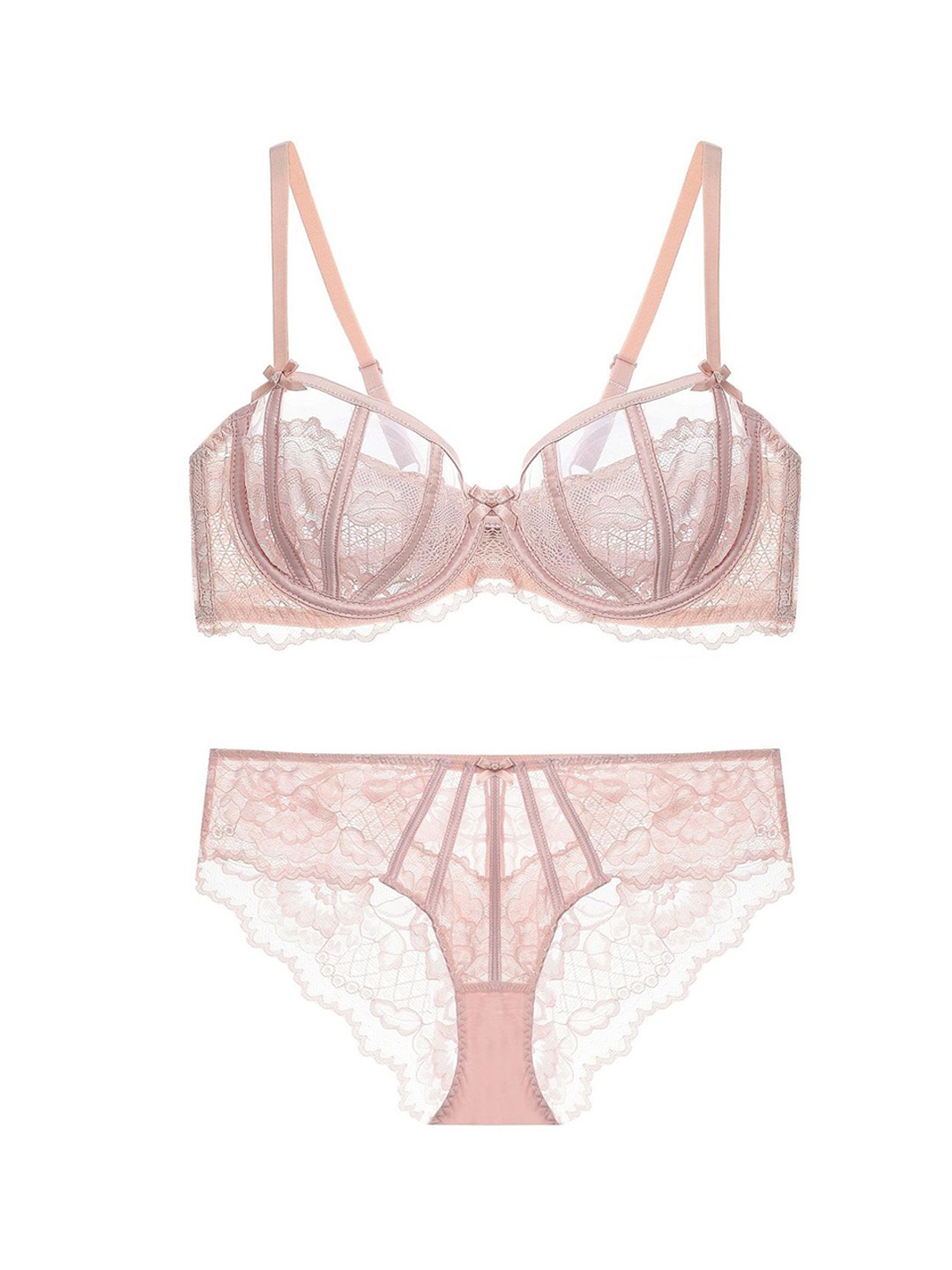 

LULU & SKY Lace Self Design Non-Padded Bra & Brazilian Briefs Lingerie Set- CL-2169-PIN, Pink