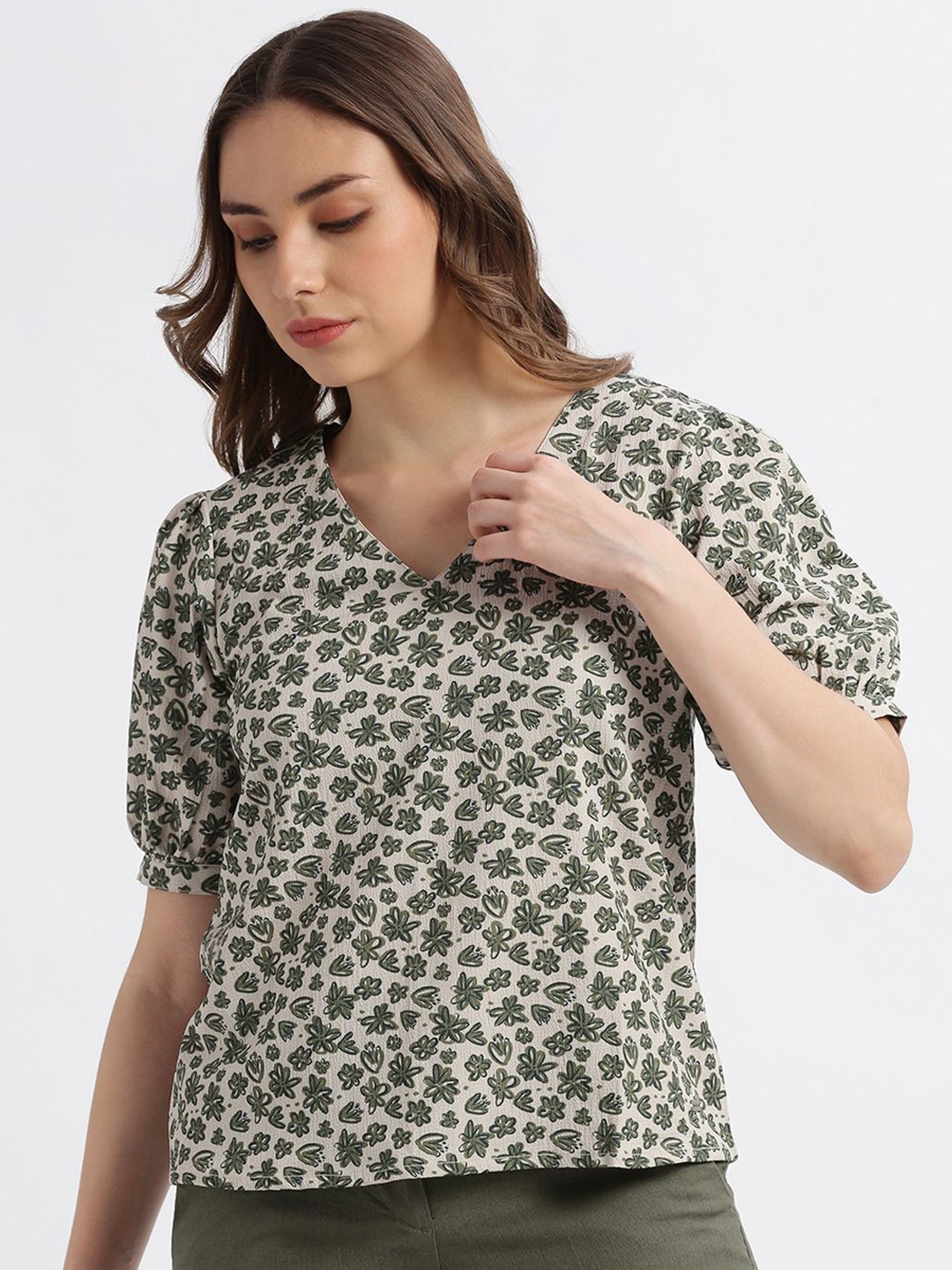 

Grit and Flair Floral Print Crepe Top, Beige