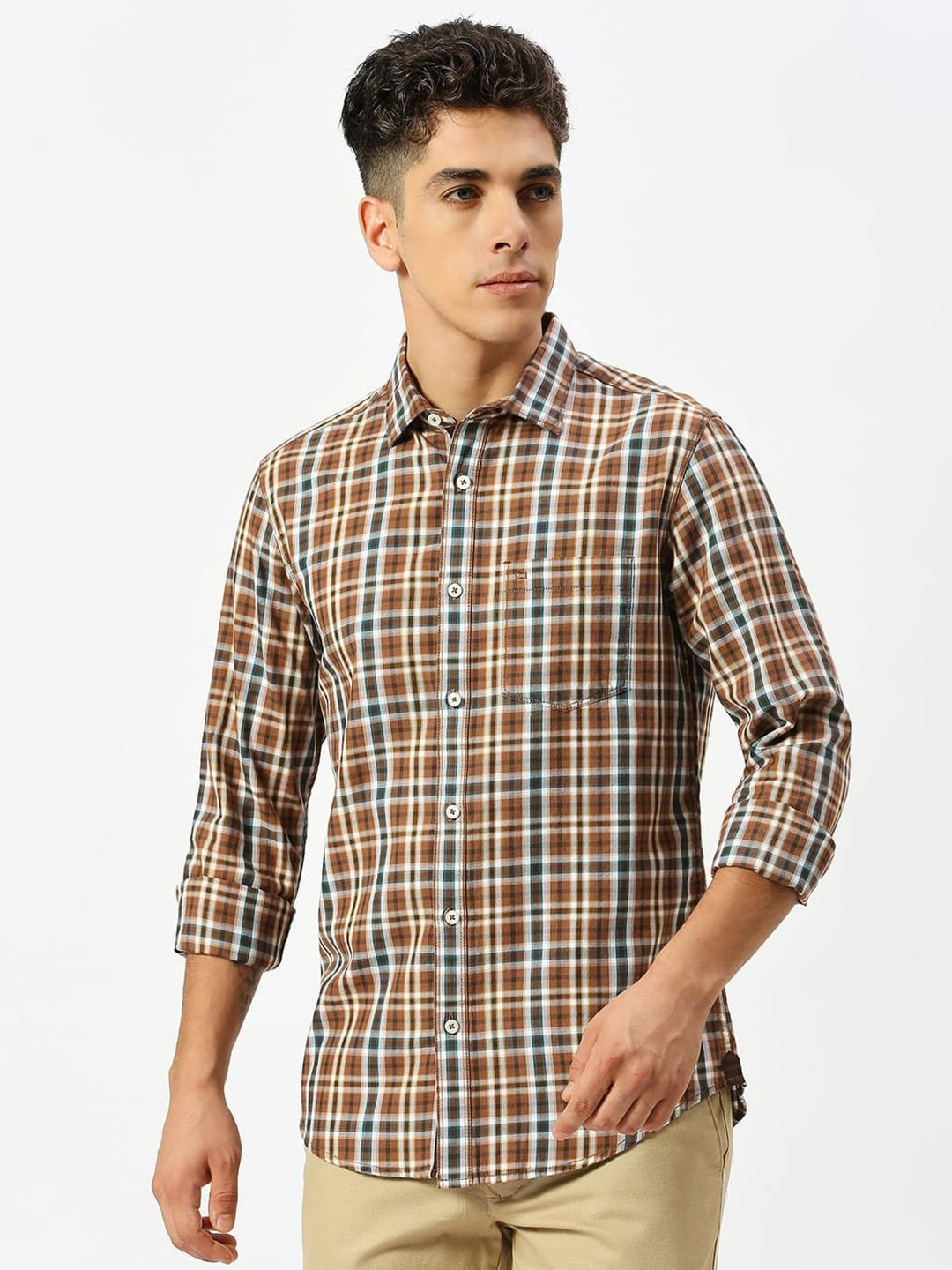 

Basics Men Slim Fit Tartan Checks Opaque Cotton Casual Shirt, Brown