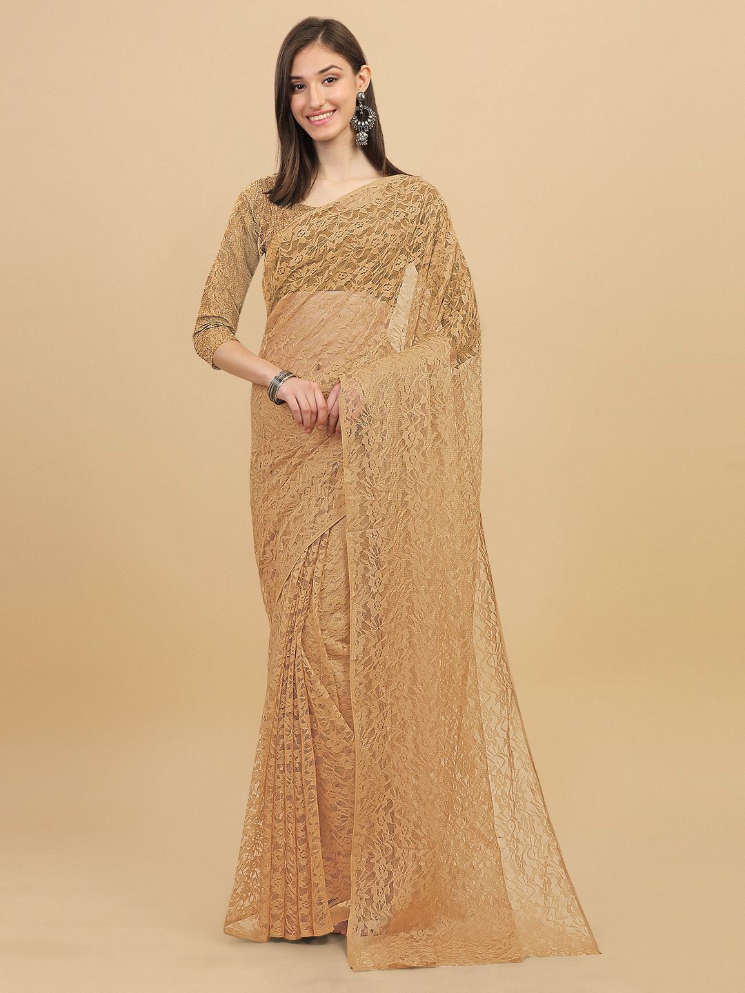 

LEOSAGI Floral Net Saree, Beige
