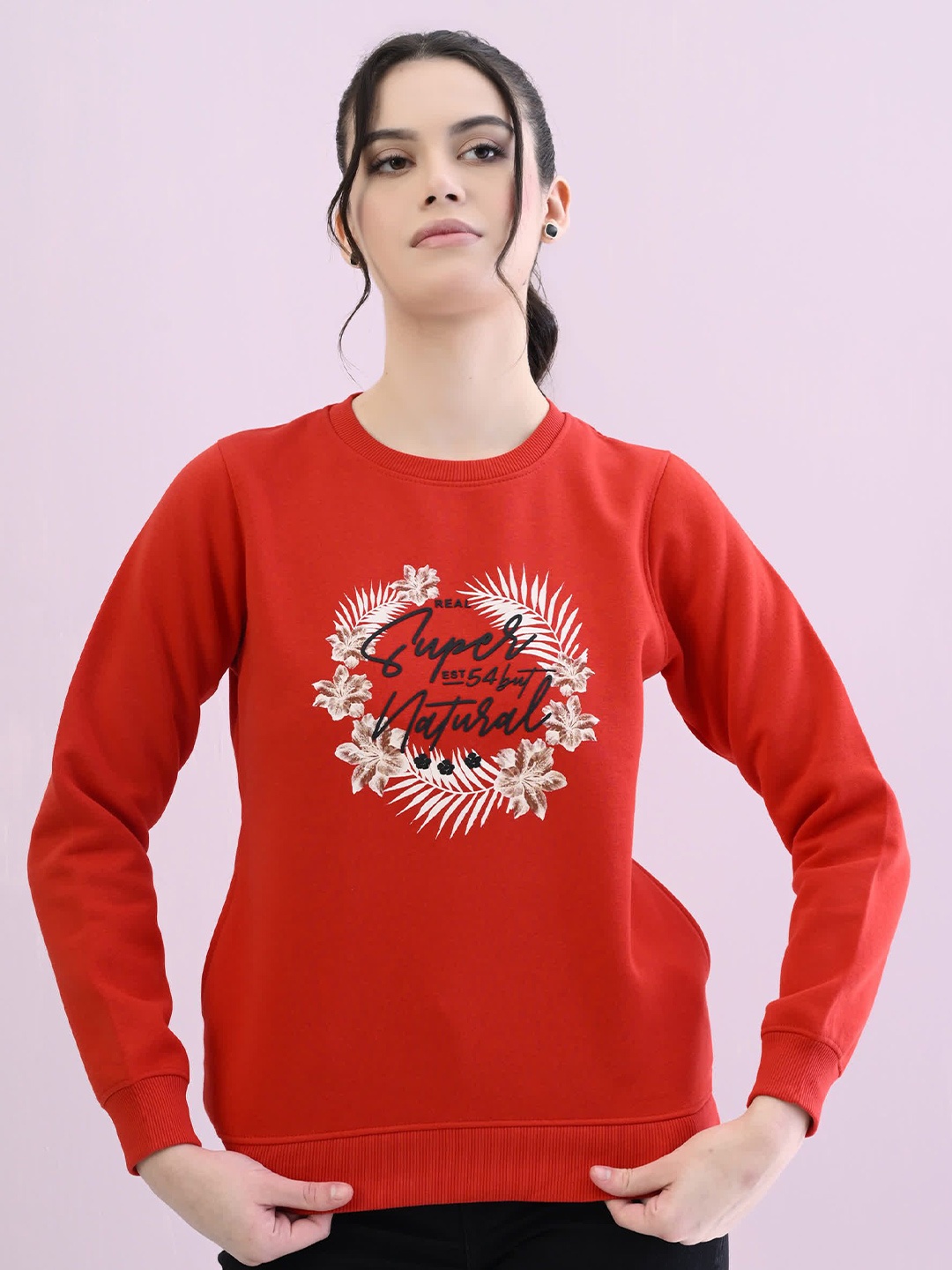 

STARFOX Typography Printed Round Neck Fleece Pullover Oversized Sweatshirt, Red