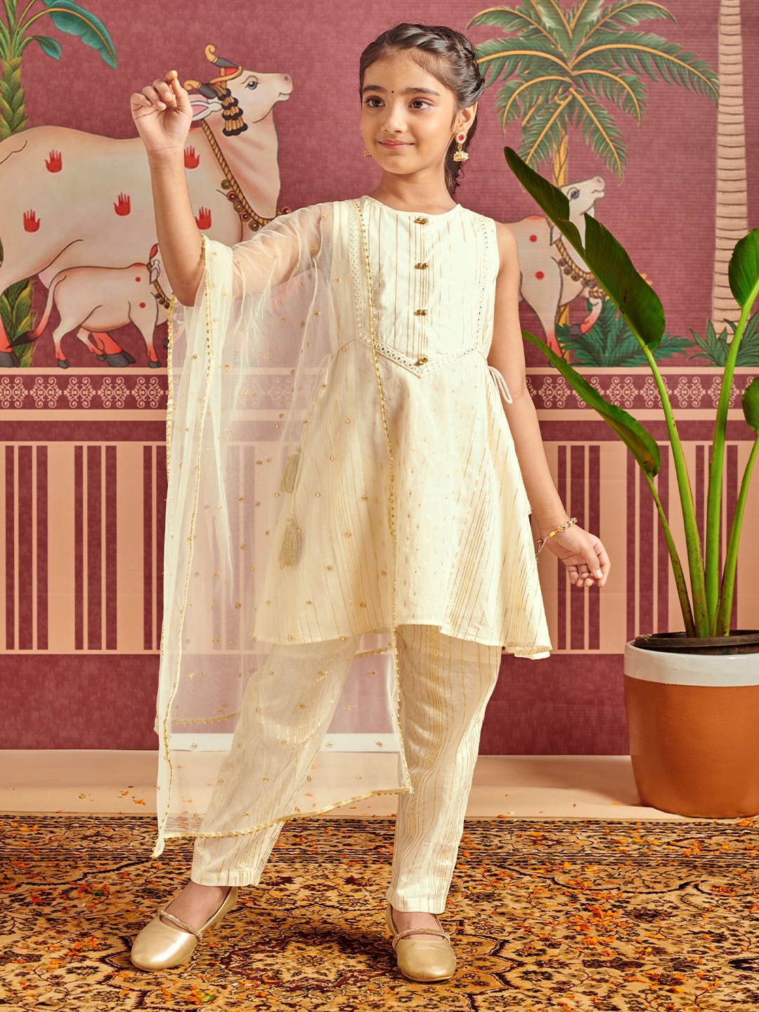 

MASTARANG Girls Striped Woven Design Mirror Work Pure Cotton Kurta With Trousers & Dupatta, Off white