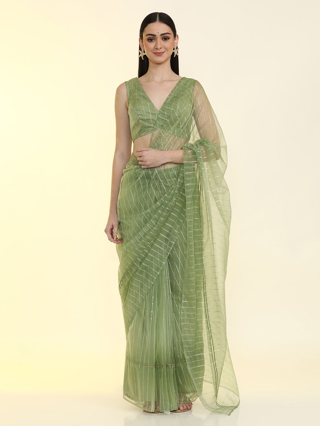 

Jaipur Kurti Striped Organza Ready to Wear Saree, Green