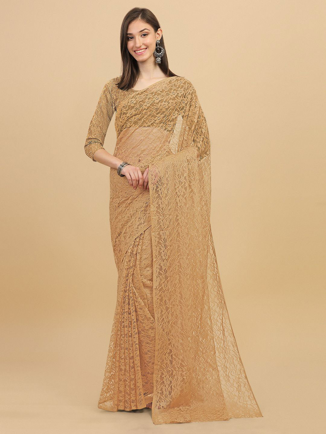 

SHOBHA SAREES Floral Net Saree, Beige