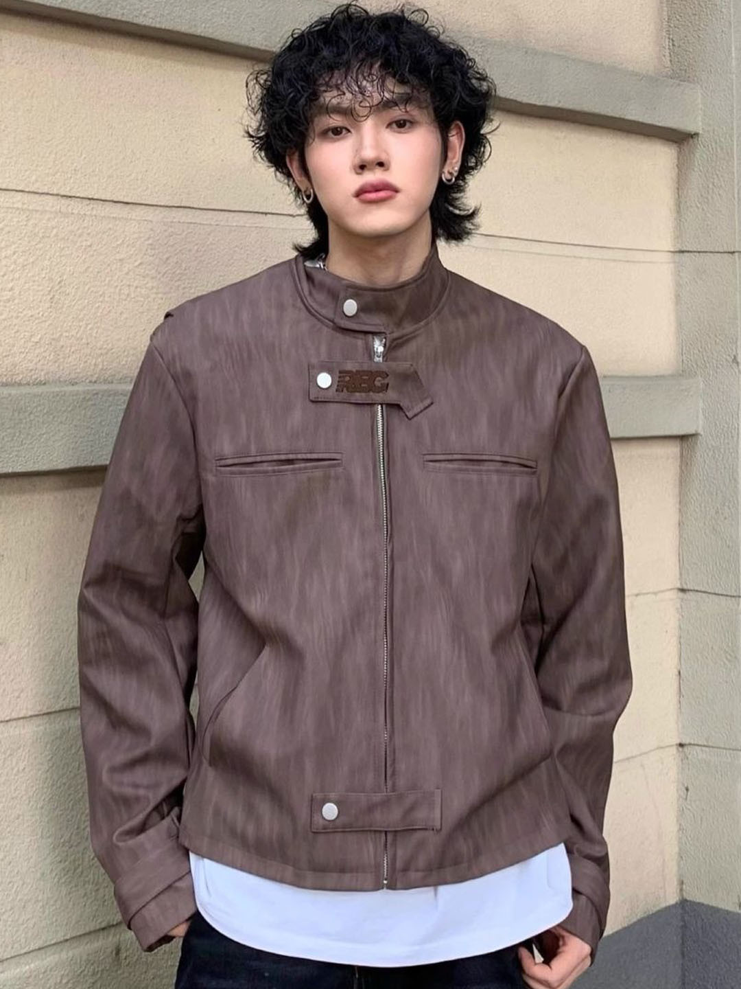 

HERE&NOW Men Mandarin Collar Solid Leather Casual Leather Jacket, Brown
